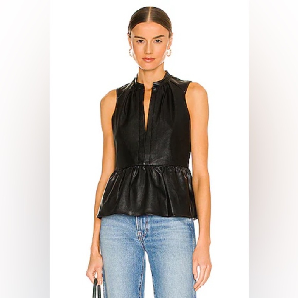 Amanda Uprichard Black Sleeveless Peplum Top with Split Neck